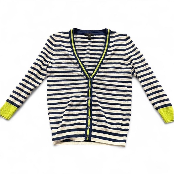 J. Crew Sweaters - J. Crew Cardigan Striped Sweater | Navy, White, Lime Green | XS